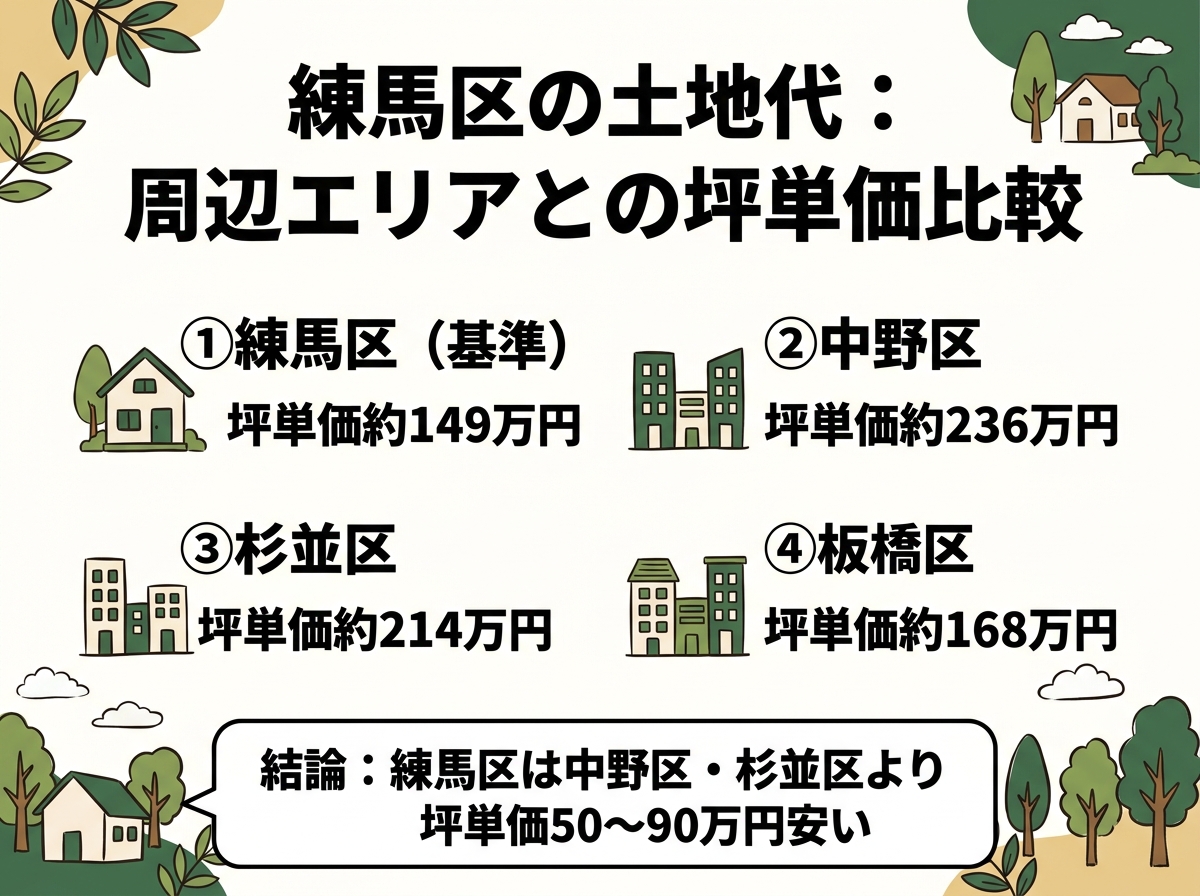 練馬区・中野区・杉並区・板橋区という練馬区の土地代の周辺エリアとの坪単価比較を示す図解