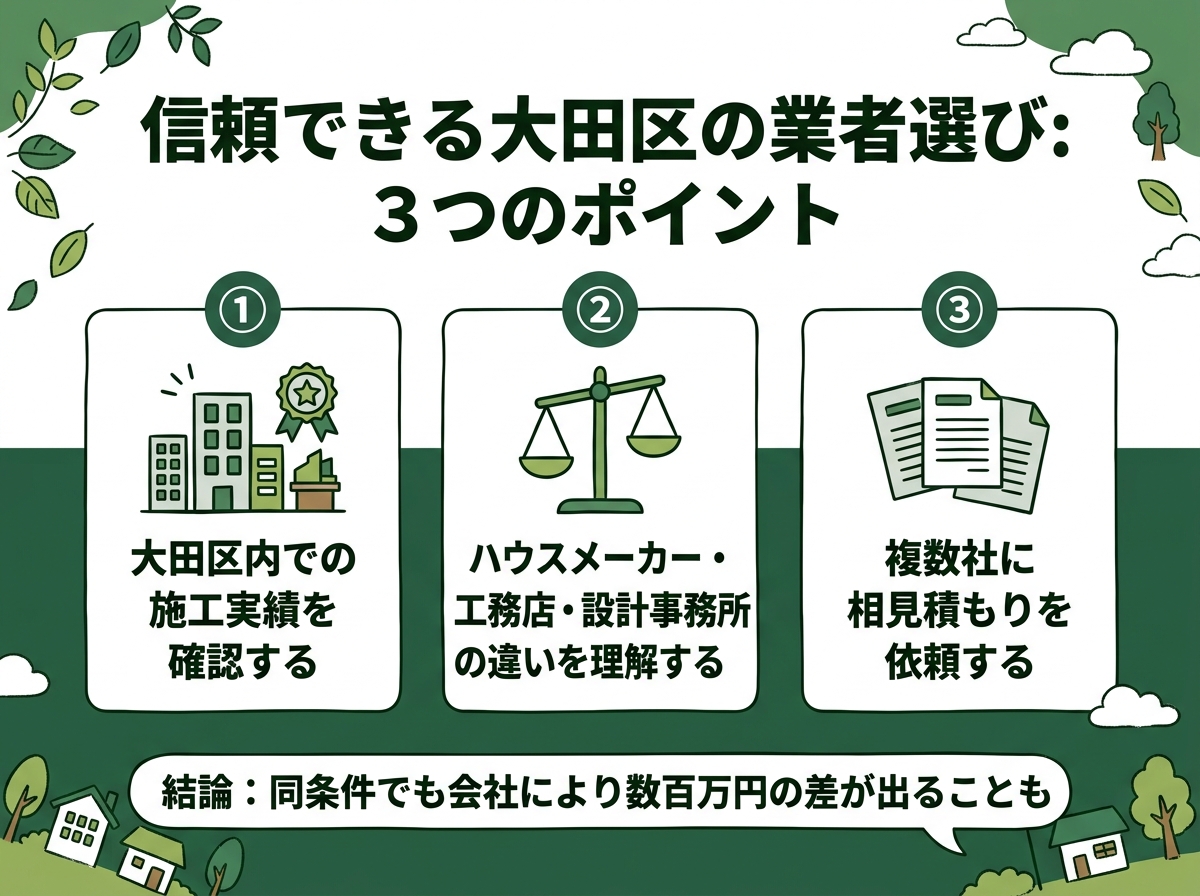 区内施工実績・依頼先タイプの理解・複数社相見積もりという信頼できる大田区の業者選びの3つのポイントを示す図解