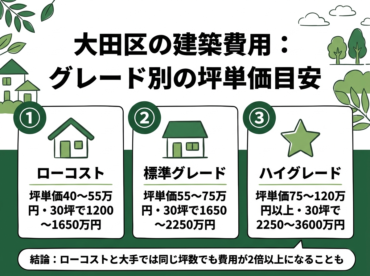 ローコスト・標準グレード・ハイグレードという大田区の建築費用のグレード別坪単価目安を示す図解