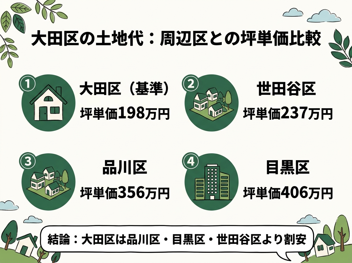 大田区・世田谷区・品川区・目黒区という大田区の土地代の周辺区との坪単価比較を示す図解