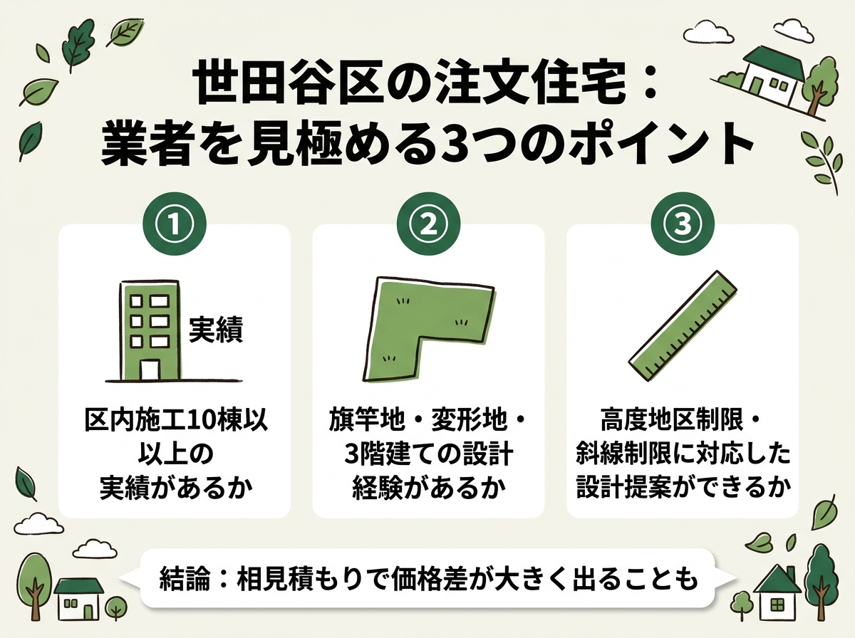 区内施工実績・変形地の設計経験・高度地区制限対応という世田谷区で業者を見極める3つのポイントを示す図解