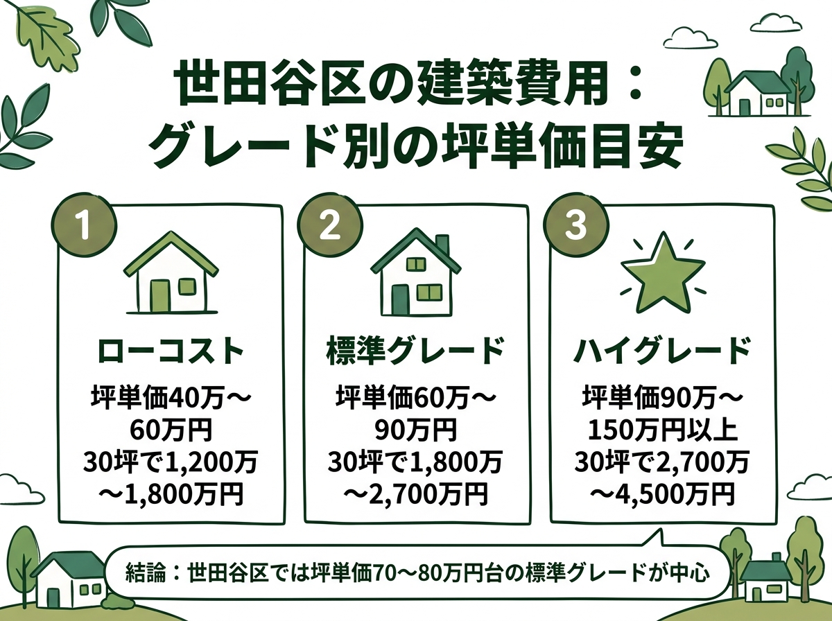 ローコスト・標準グレード・ハイグレードという世田谷区の建築費用のグレード別坪単価目安を示す図解