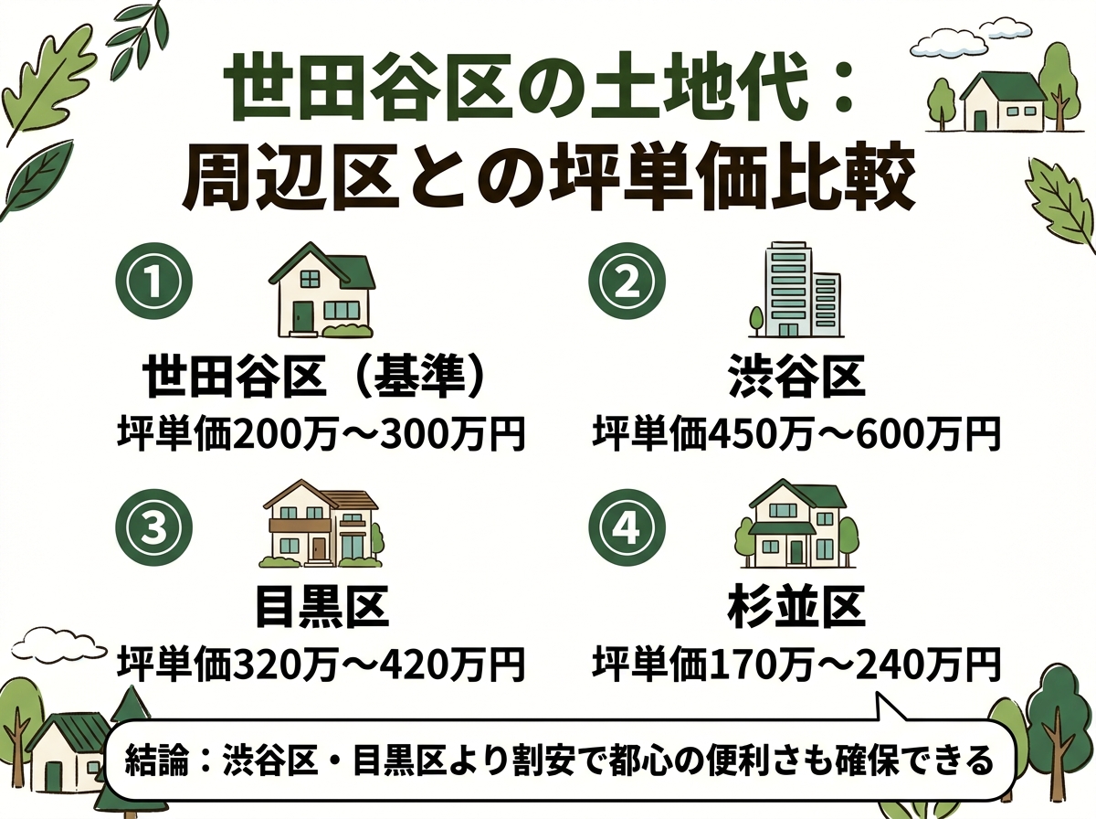 世田谷区・渋谷区・目黒区・杉並区という世田谷区の土地代の周辺区との坪単価比較を示す図解