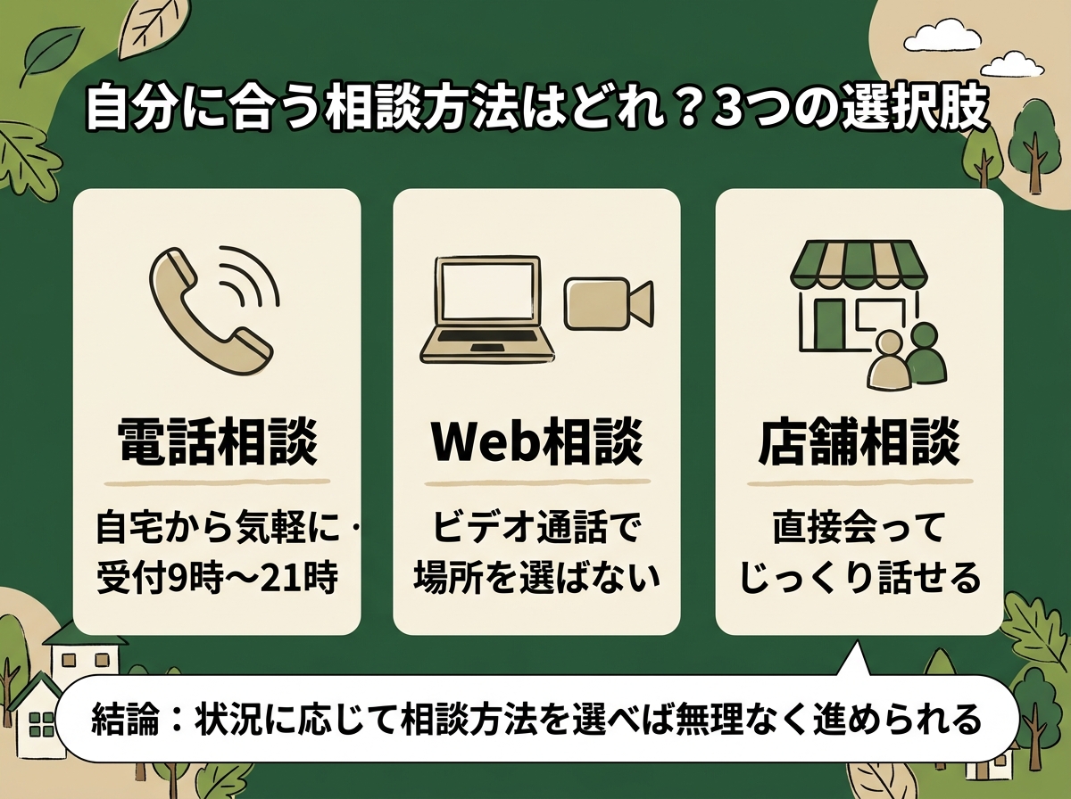 電話相談・Web相談・店舗相談という3つの相談方法の特徴を比較した図解