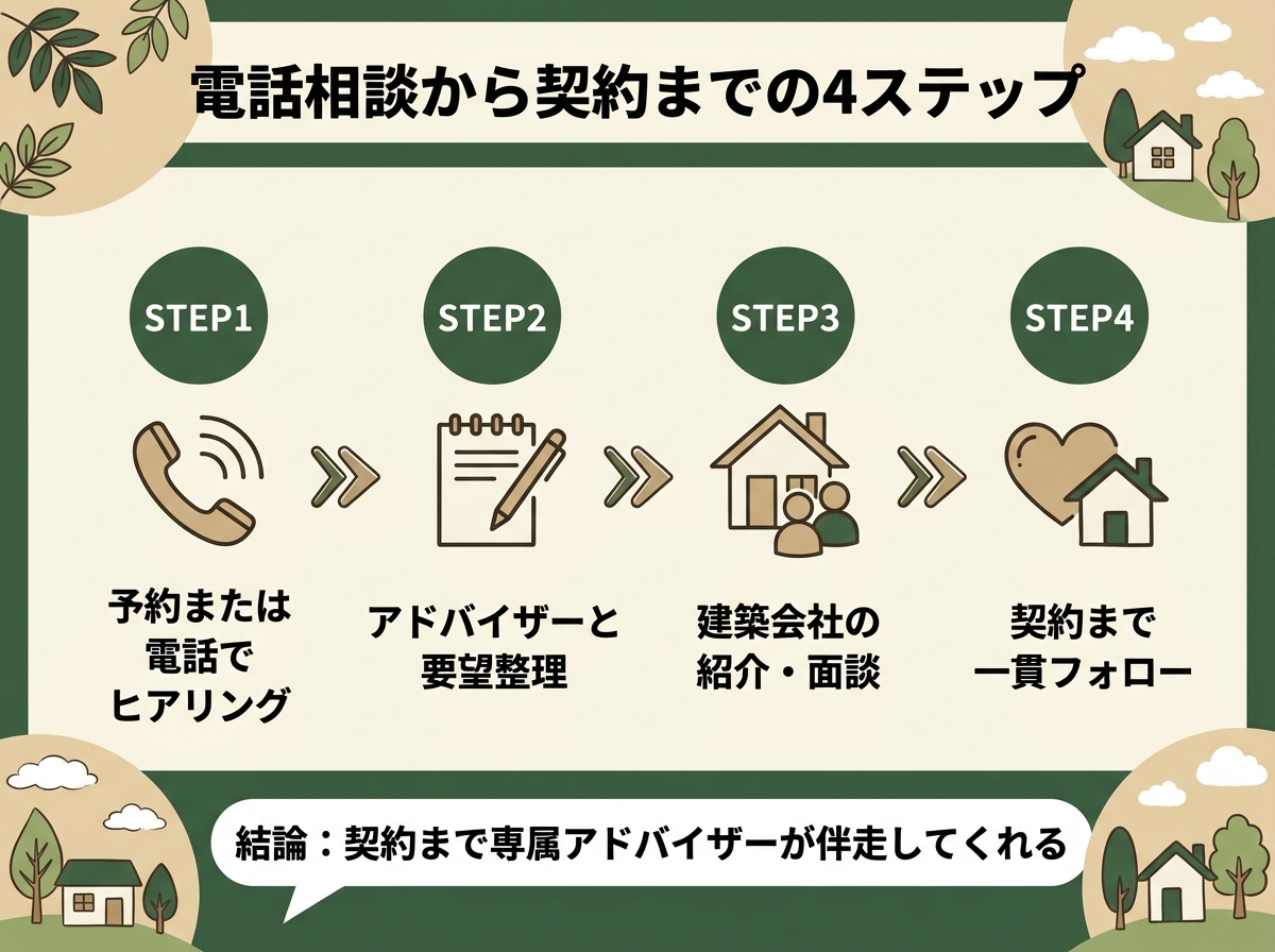 電話相談から契約までの4ステップ(予約・ヒアリング、要望整理、建築会社紹介・面談、契約まで一貫フォロー)を示す図解