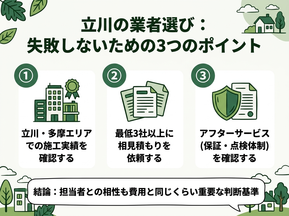 施工実績確認・複数社相見積もり・アフターサービス確認という立川の業者選びで失敗しないための3つのポイントを示す図解