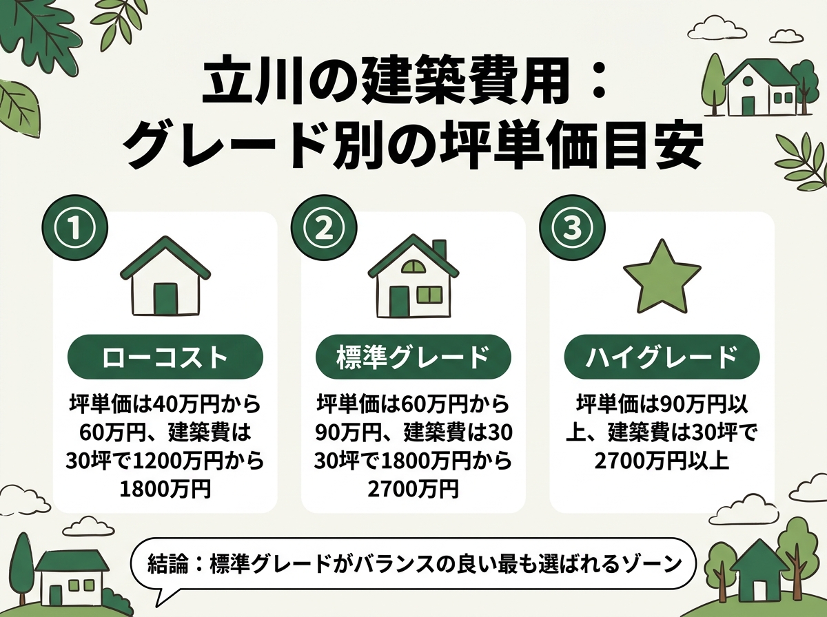 ローコスト・標準グレード・ハイグレードという立川の建築費用のグレード別坪単価目安を示す図解