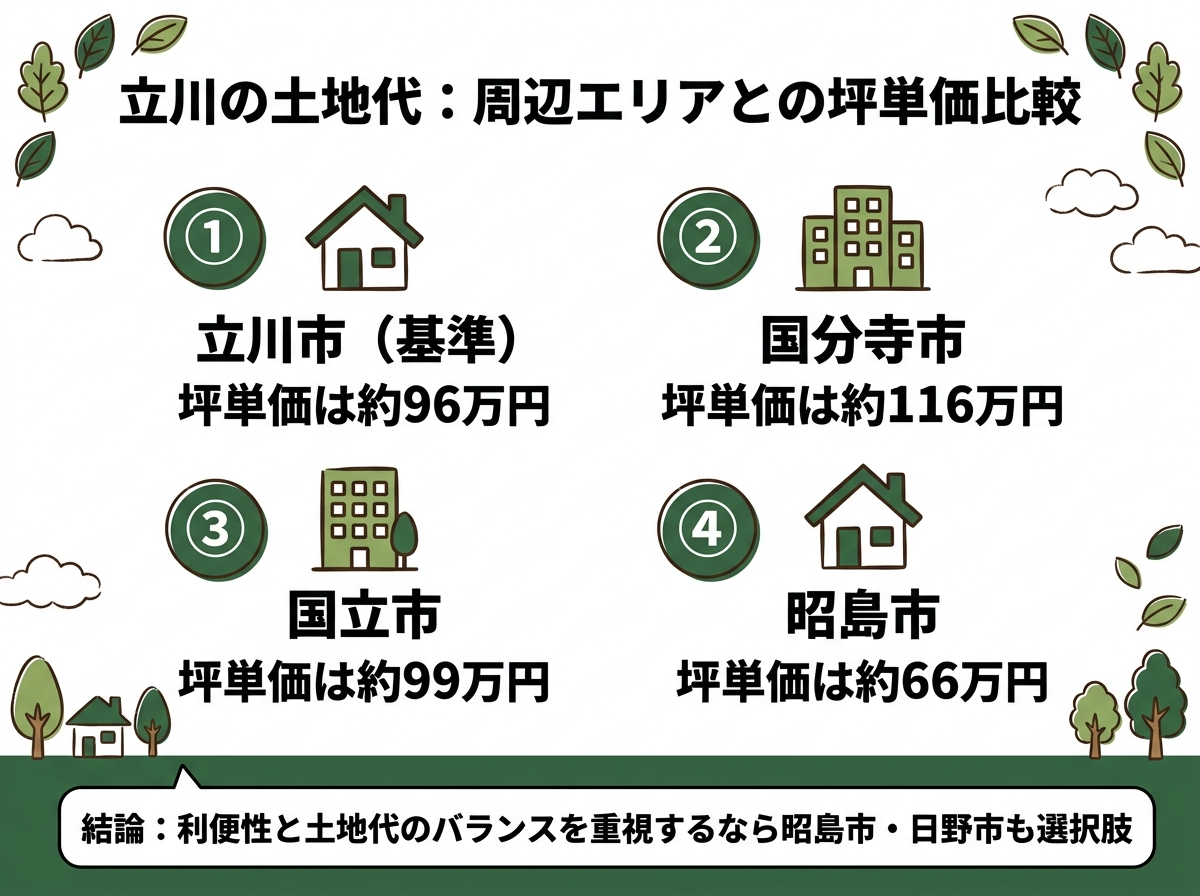 立川市・国分寺市・国立市・昭島市という立川の土地代の周辺エリアとの坪単価比較を示す図解