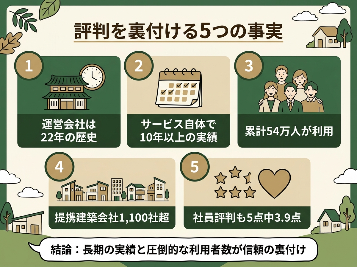 運営会社22年の歴史、サービス自体10年以上の実績、累計54万人利用、提携建築会社1,100社超、社員評判3.9点という5つの事実からタウンライフの信頼性を示す図解