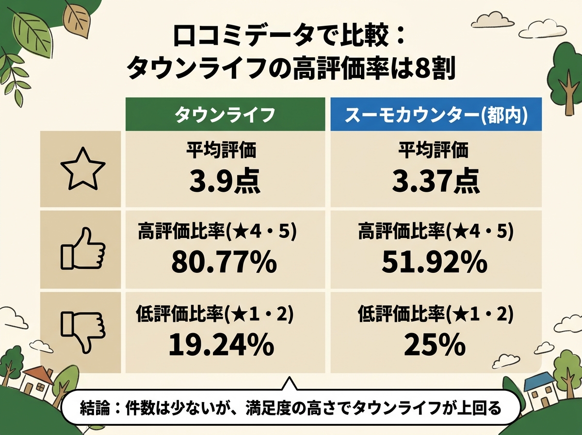 タウンライフとスーモカウンター(都内)の口コミデータ比較。平均評価3.9点対3.37点、高評価比率80.77%対51.92%でタウンライフが上回ることを示す図解