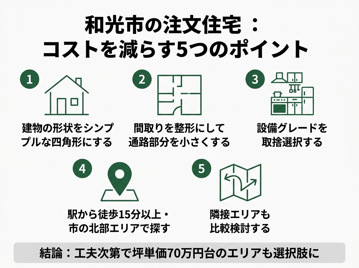 建物形状のシンプル化・間取りの整形・設備取捨選択・北部エリア・隣接エリア比較という和光市の注文住宅でコストを減らす5つのポイントを示す図解