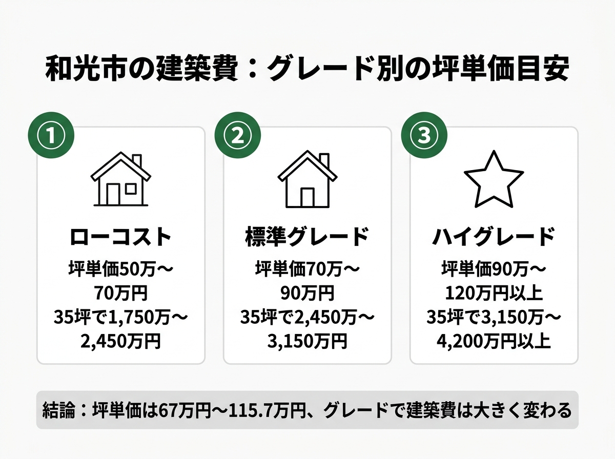 ローコスト・標準グレード・ハイグレードという和光市の建築費のグレード別坪単価を示す図解