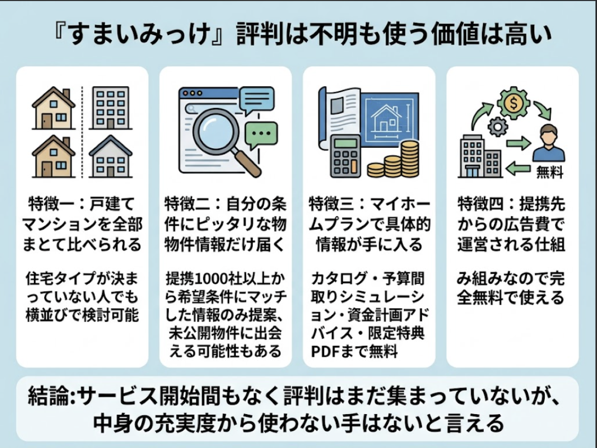 すまいみっけは戸建てマンションをまとめて比較でき自分の条件にマッチした物件情報が届きマイホームプランが無料で手に入り至れり尽くせりなサービスを完全無料で使えるという4つの特徴を示す図解