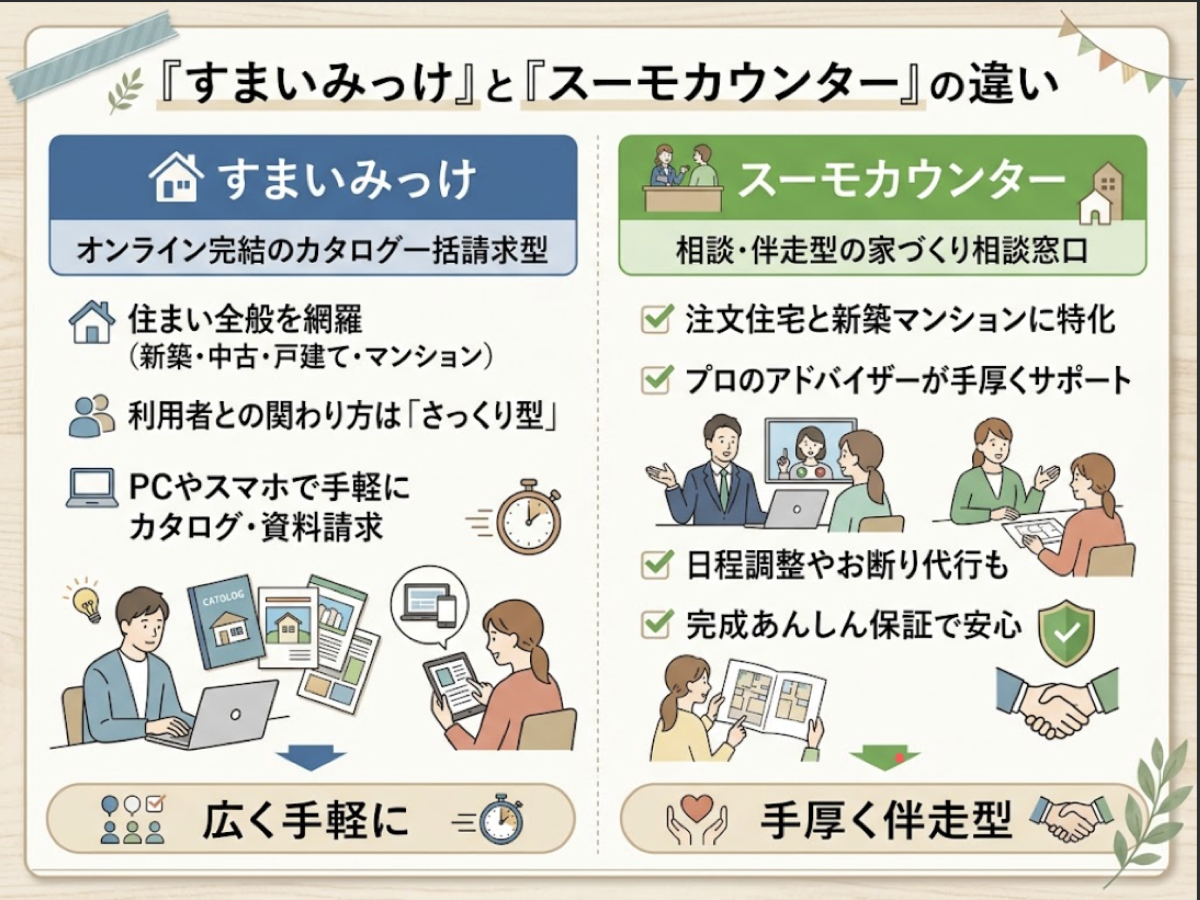 すまいみっけはオンライン完結で広く手軽なカタログ請求型、スーモカウンターは注文住宅と新築マンションに特化した手厚い伴走型の相談窓口であることを示す比較図解