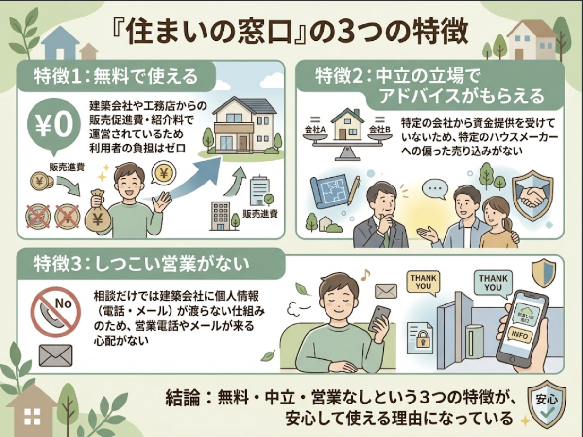住まいの窓口は無料・中立の立場・しつこい営業なしという3つの特徴があることを示す図解