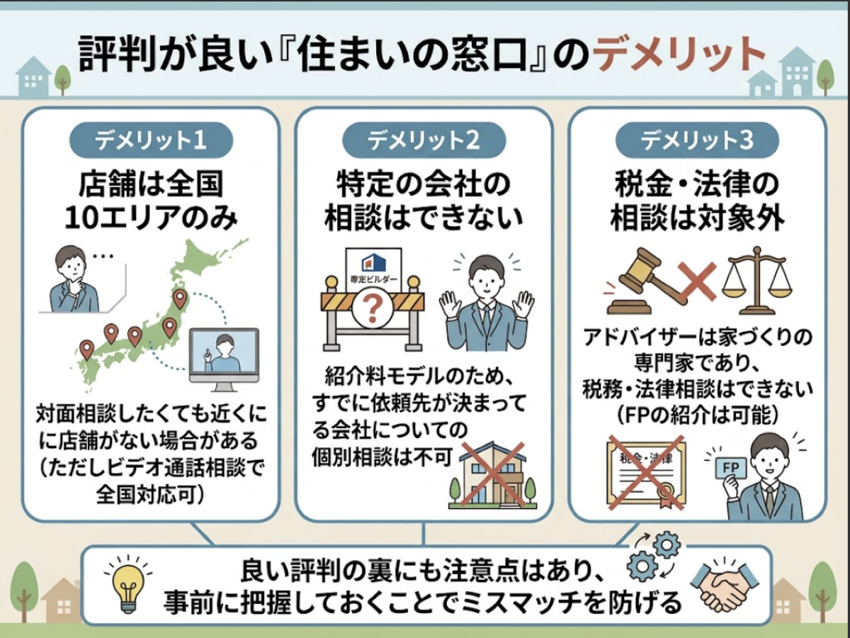 住まいの窓口の店舗は全国10エリアのみ、特定会社の相談不可、税金法律相談は対象外という3つのデメリットを示す図解
