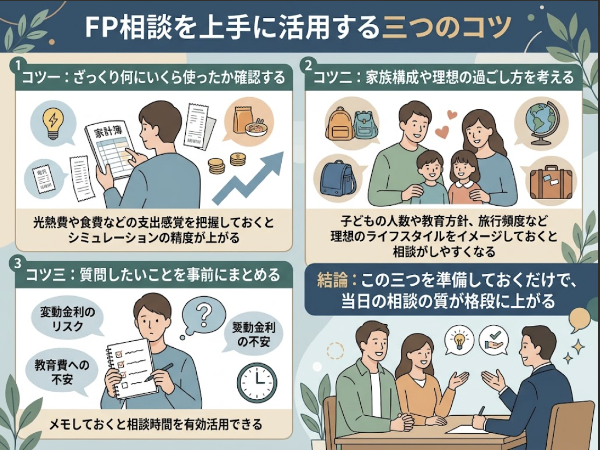 支出感覚の把握・理想のライフスタイルのイメージ・質問の事前整理という3つの準備でFP相談の質を高められることを示す図解
