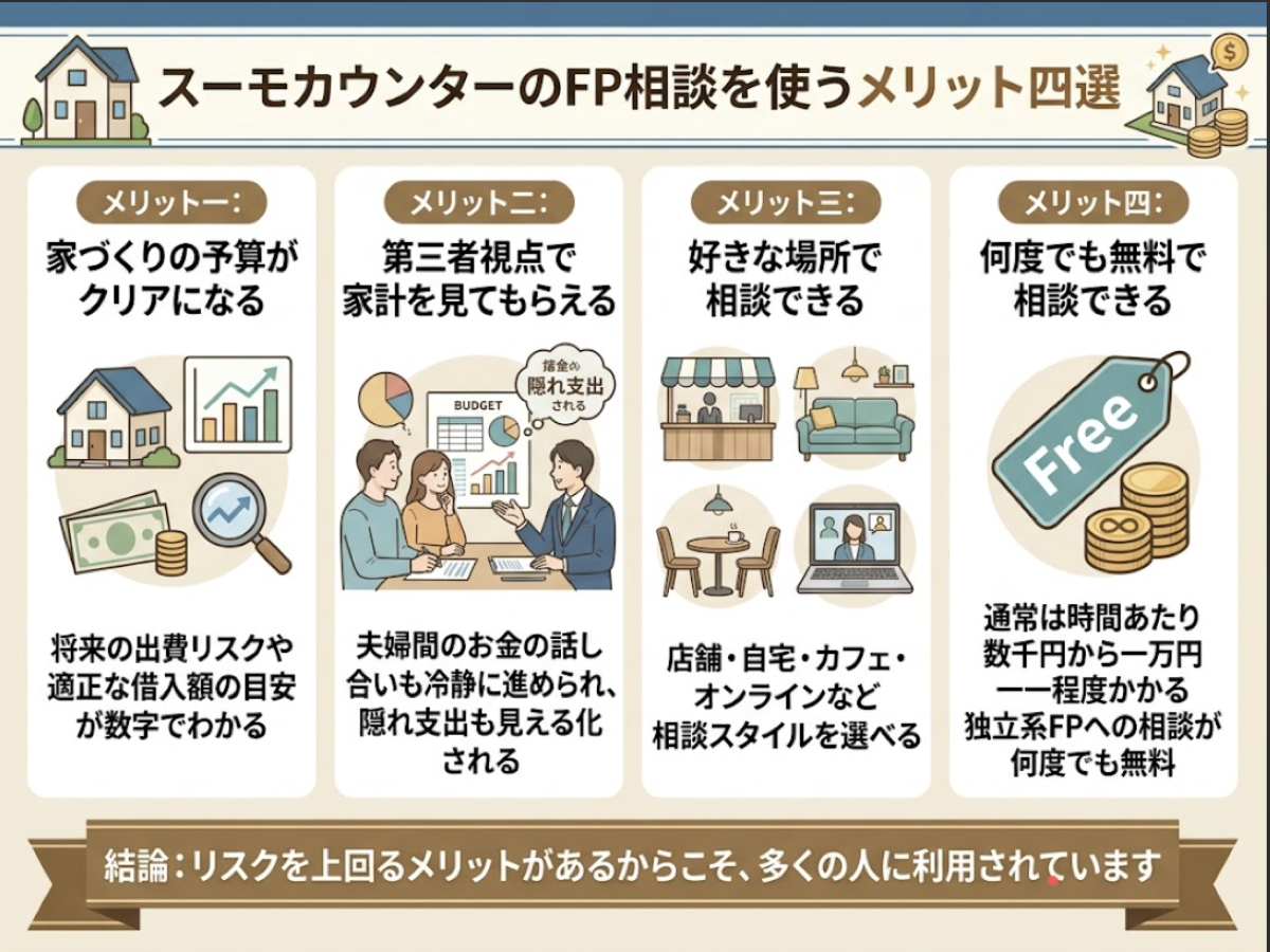 スーモカウンターのFP相談は予算の明確化・第三者視点での家計チェック・相談場所の自由度・何度でも無料という4つのメリットがあることを示す図解