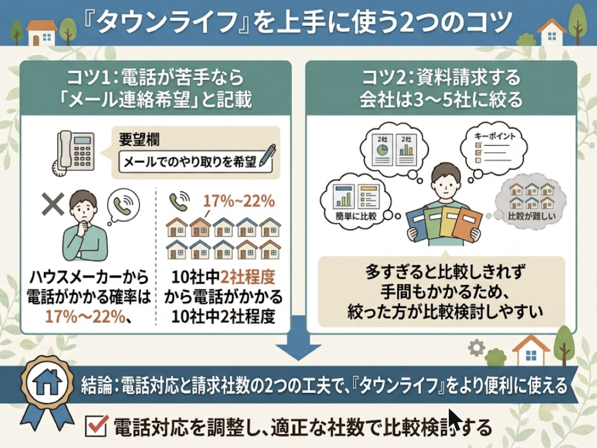 電話が苦手ならメール希望を要望欄に記載すること、資料請求は3〜5社に絞ることというタウンライフを上手に使う2つのコツを示す図解
