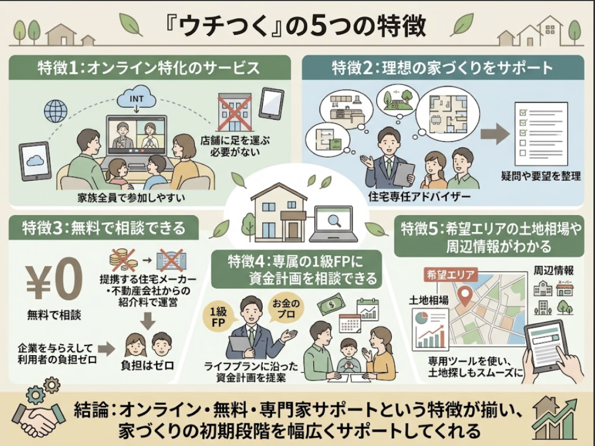 ウチつくはオンライン特化・専任アドバイザー・無料相談・1級FP相談・土地相場情報という5つの特徴を持つことを示す図解